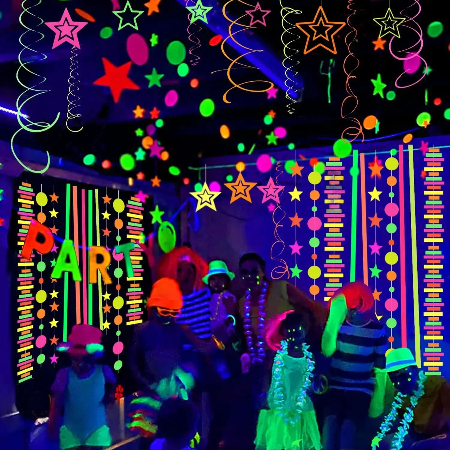 Fournitures de fête fluorescentes au néon, ballon lumineux dans la nuit, bannière en papier, décorations de guirlande, fête de mariage,
