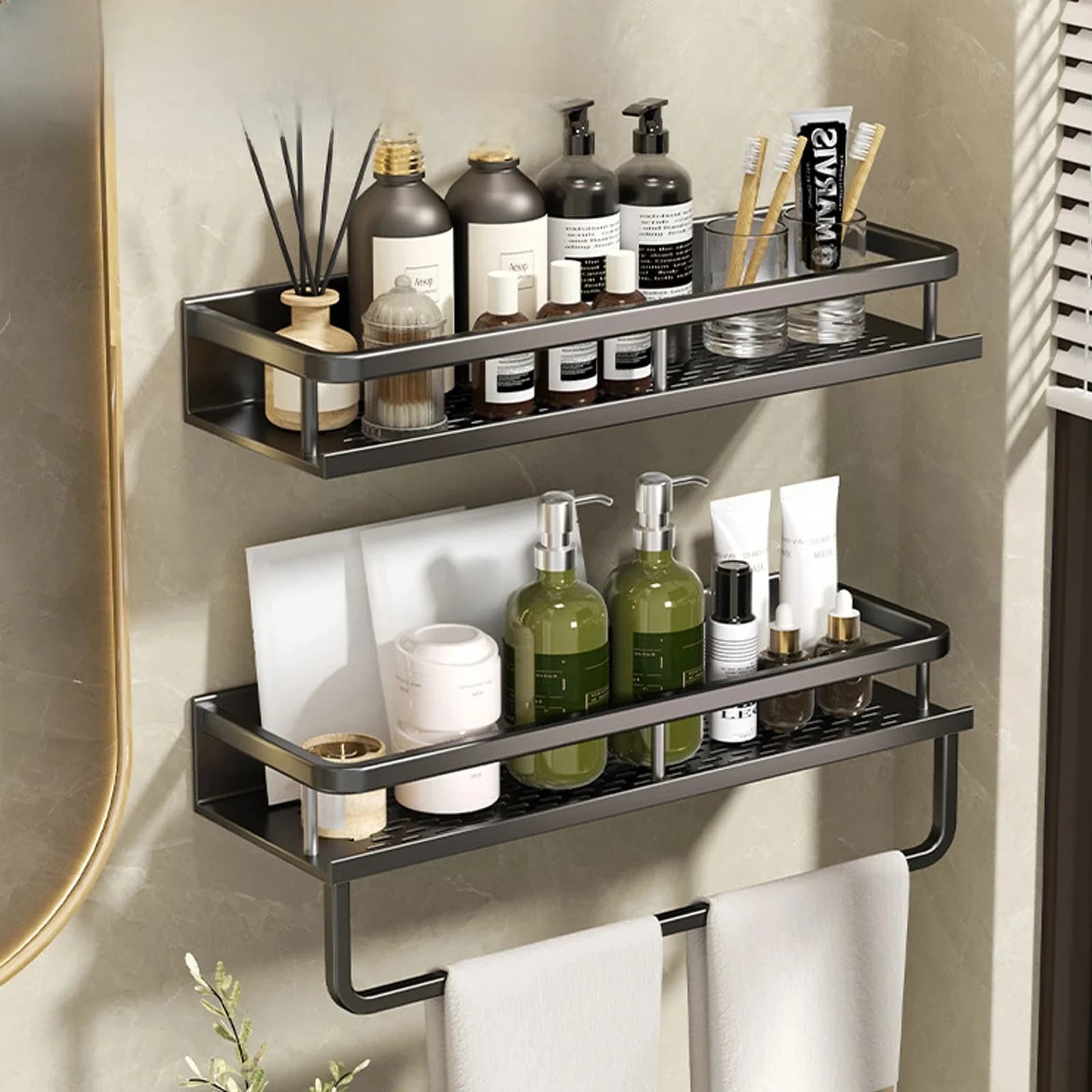 Support de salle de bain sans poinçon, étagère de salle de bain, espace de toilette en aluminium, sans perceuse, support suspendu, organisateur de