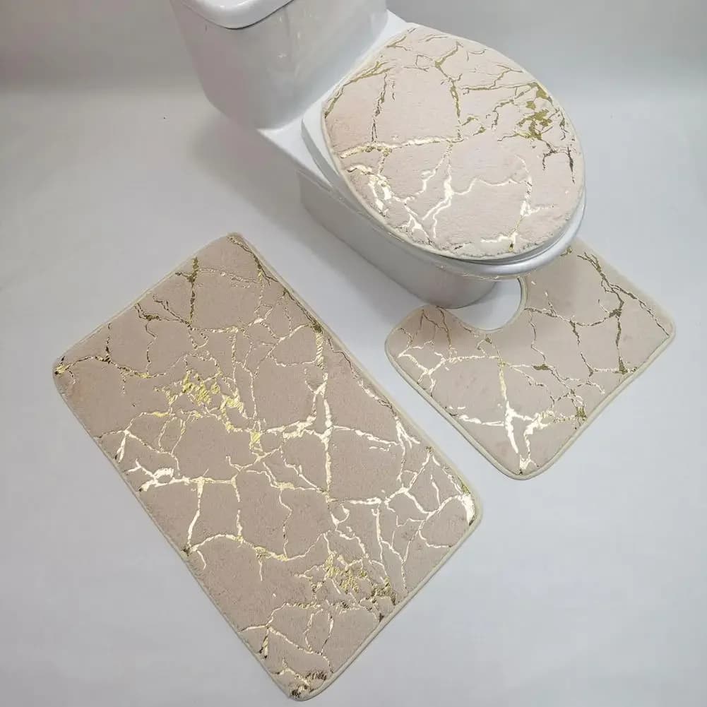 3 pièces/ensemble tapis de toilette Polyester marbre couvercle de toilette couverture tapis de salle de bain rayure impression anti-dérapant tapis