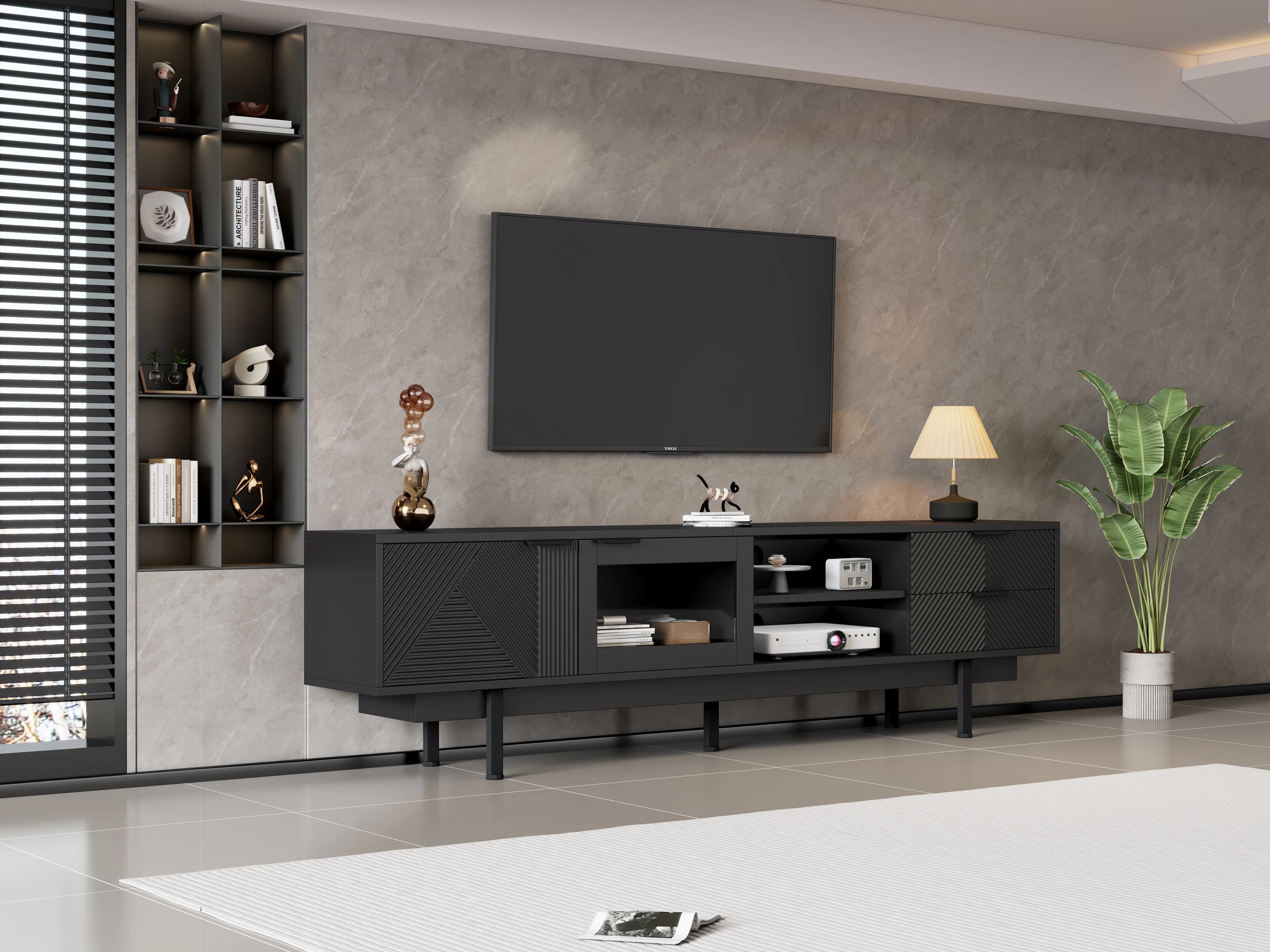 Armoire de télévision minimaliste moderne, deux portes et deux tiroirs, armoire TV basse avec grande salle de rangement.