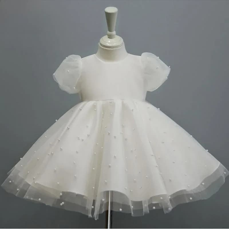 IYEAL – robes de princesse à fleurs pour petites filles, tenue de 1er anniversaire, col rond, nœud en maille, bulle blanche, manches courtes,