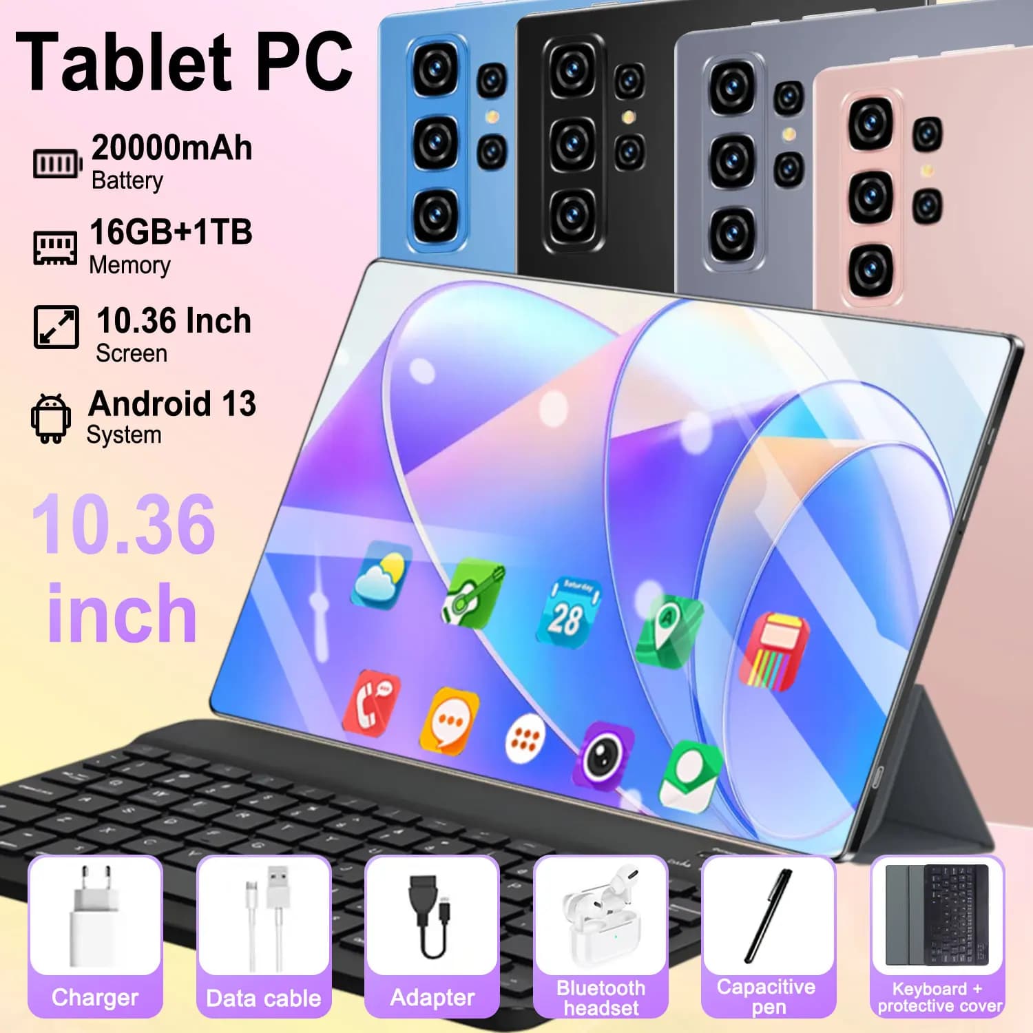 Tablette Android 5G 2026 Nouvelle Version Mondiale 10,36 pouces 16 Go RAM 1 To ROM 20000 mAh 14 cœurs Android 13.0 WIFI Bluetooth Appel