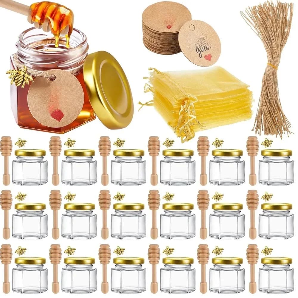 Mini pots de miel avec cuillère à miel, couvercle doré, pendentifs abeilles, sacs cadeaux et jutes - Parfaits pour les cadeaux de baby shower et