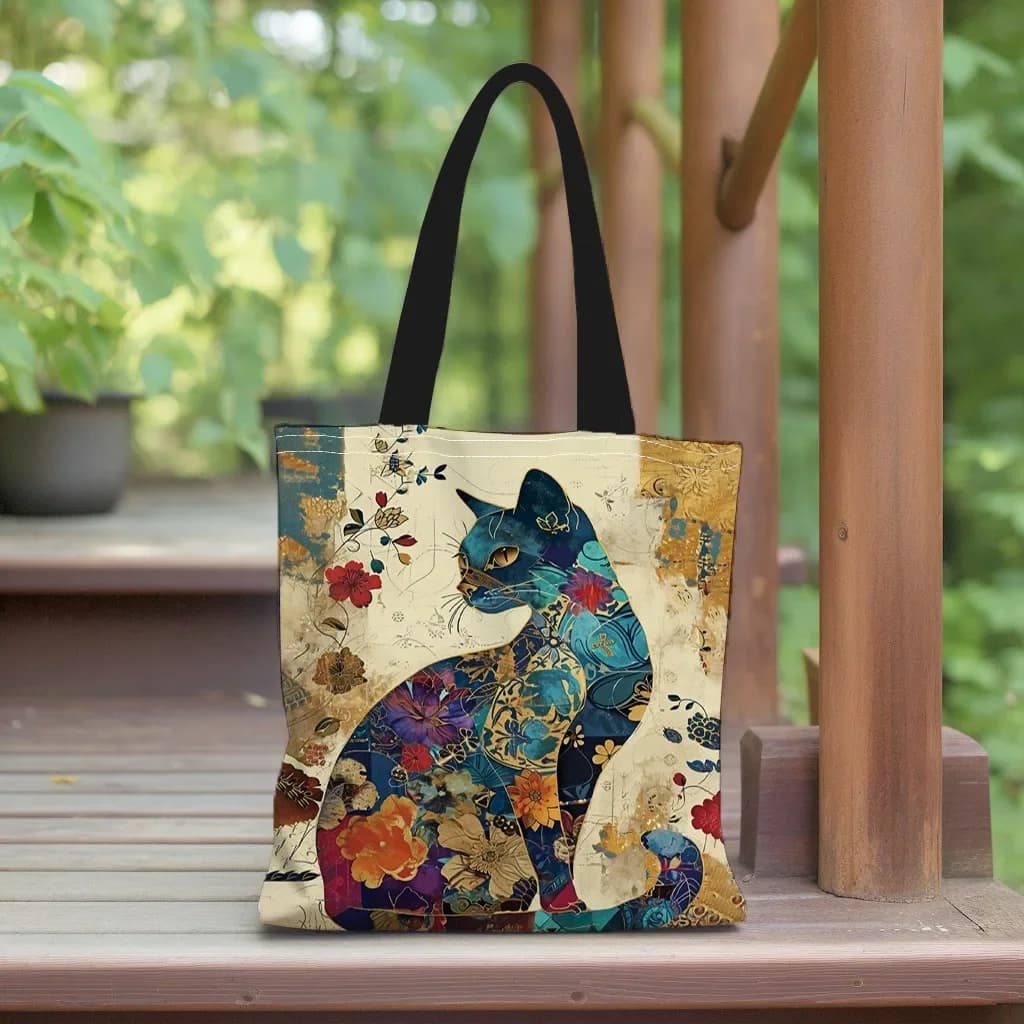 Sac fourre-tout à motif de chat floral, sac à bandoulière d'école en toile esthétique, sac d'épicerie léger