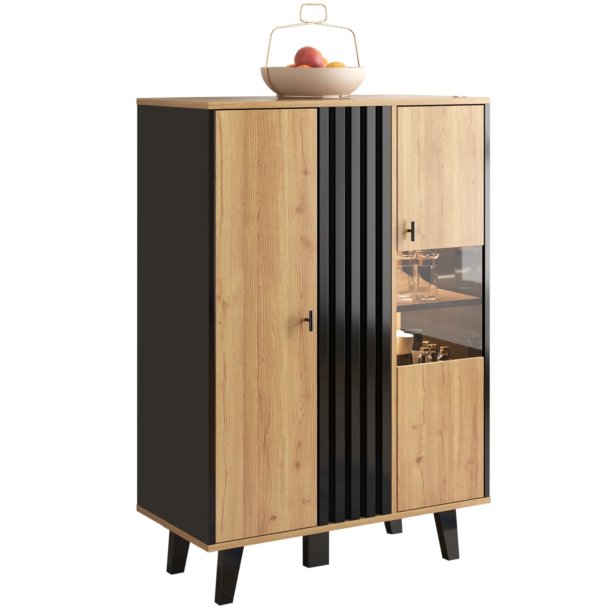 Vitrine en bois et noir avec éclairage LED 80x40x120 cm, meuble de rangement avec porte vitrée, 2 portes et 6 étagères, vitrine haute pour salon