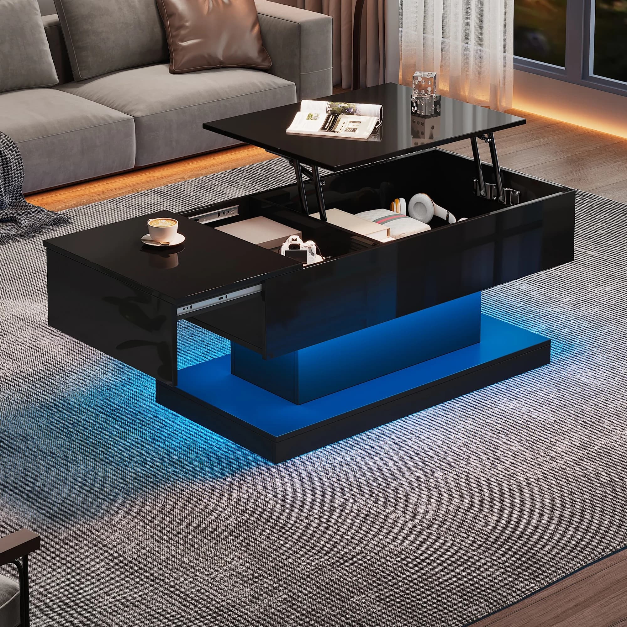 Table basse relevable à éclairage LED haute brillance - Table semi-relévable avec design coulissant latéral et levage hydraulique