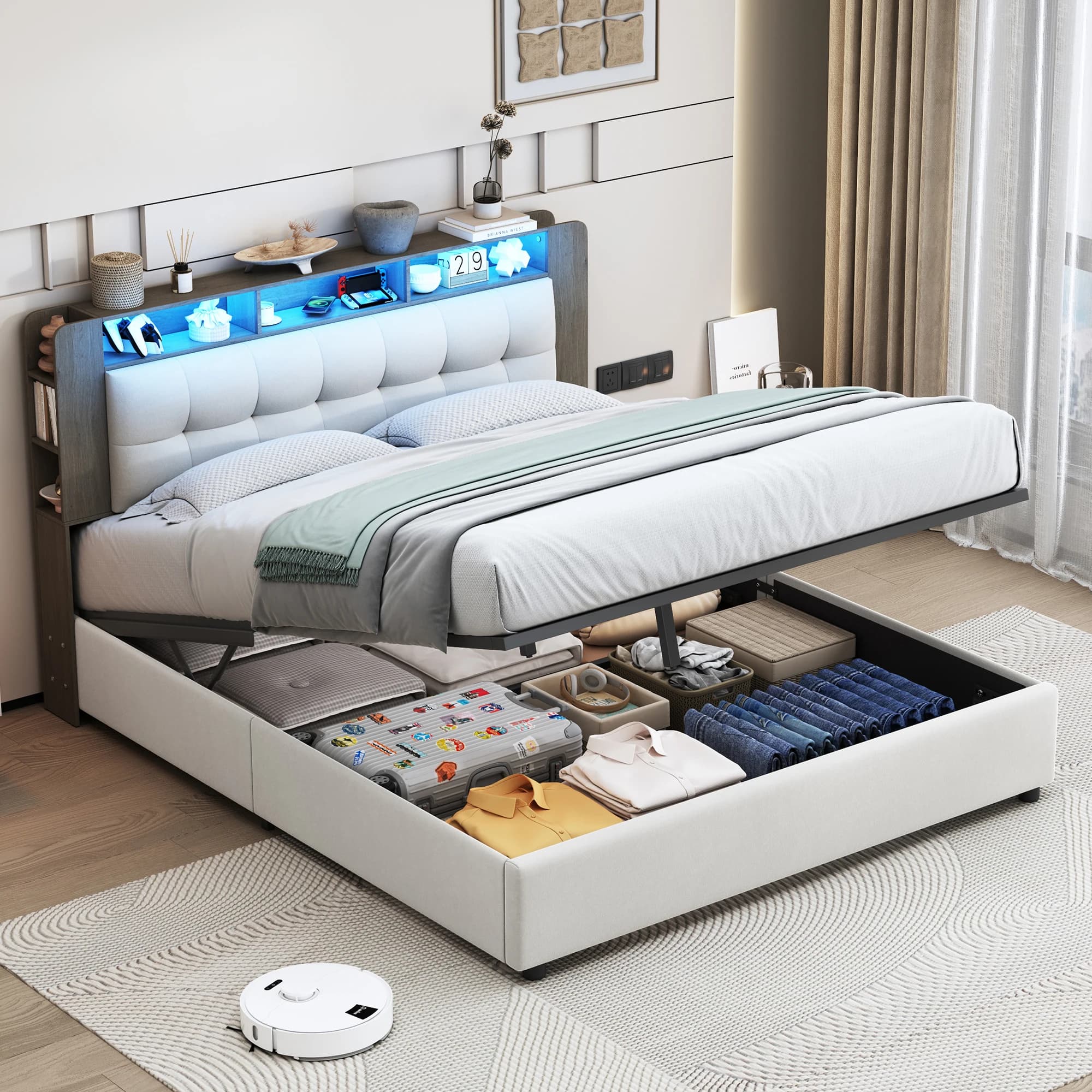 Rosahqnda Lit rembourré moderne et élégant, grand rangement, lit hydraulique, lit double, tissu velours sans matelas