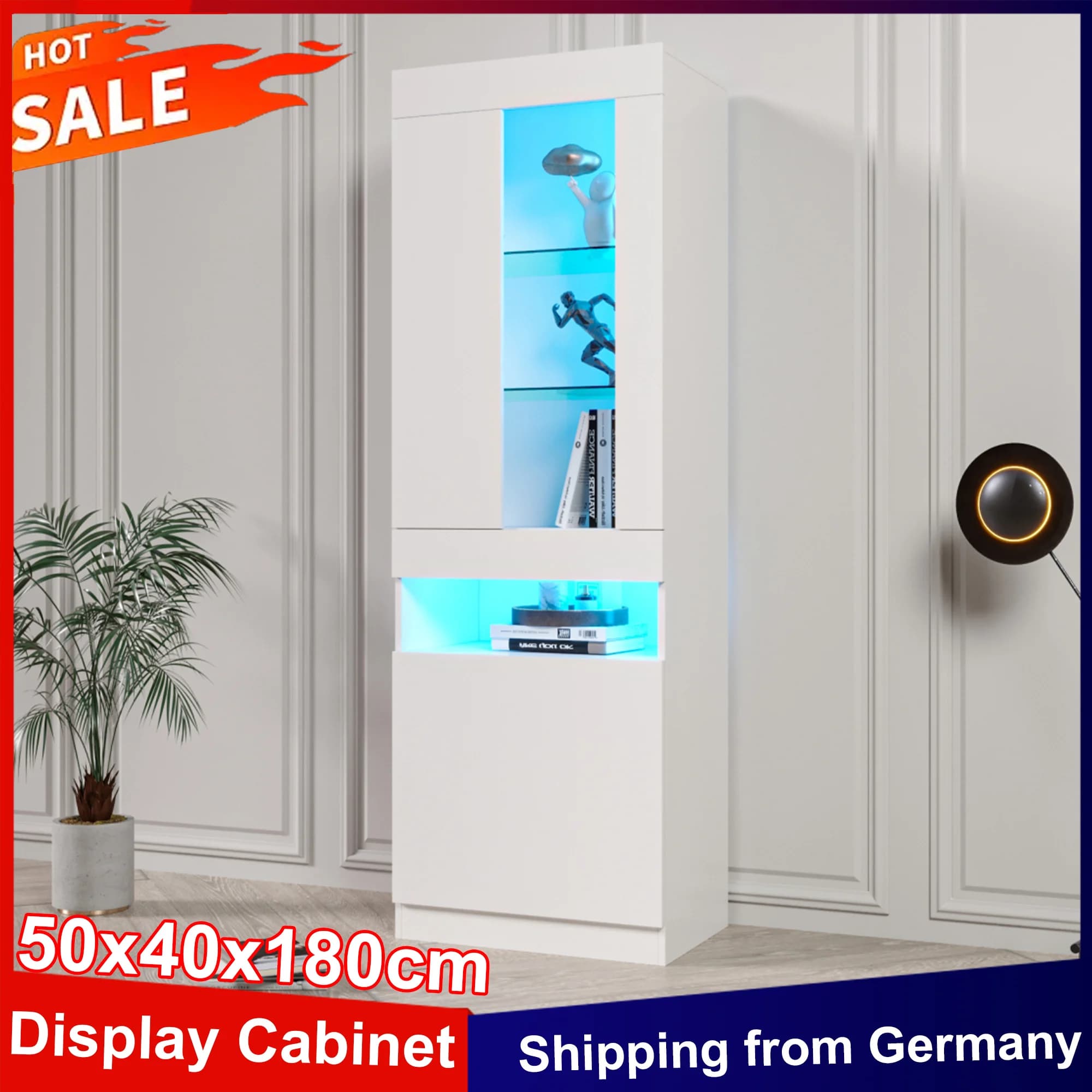 Anajqaqia vitrine 50x40x180cm, vitrine haute brillance avec éclairage LED 16 couleurs, armoire de rangement, armoire pare-chocs, blanc