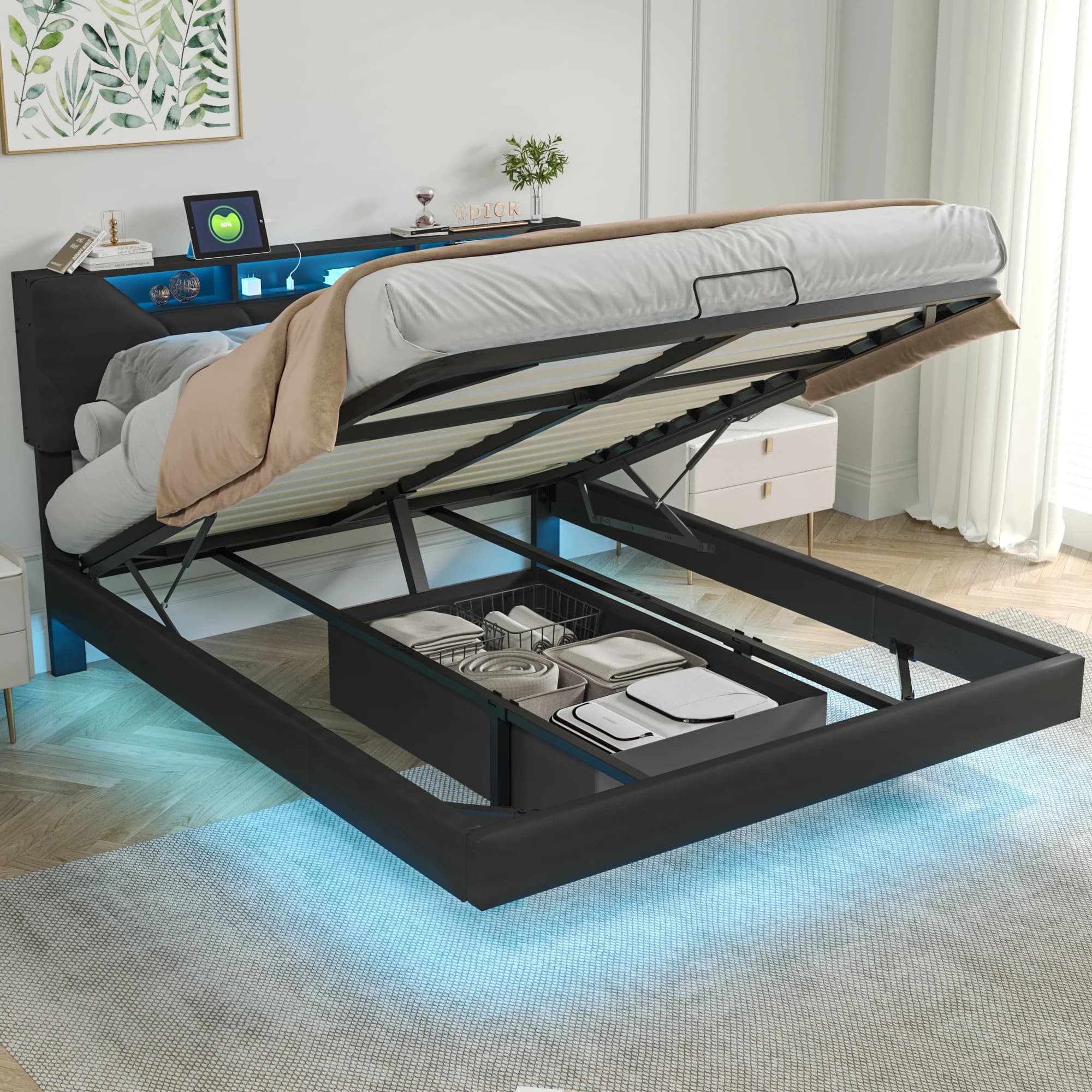 Rosahqnda Lit souple, lit de rangement à pression d'air, avec ports de chargement LED et USB, tête de lit réglable, chambre à coucher, adultes,