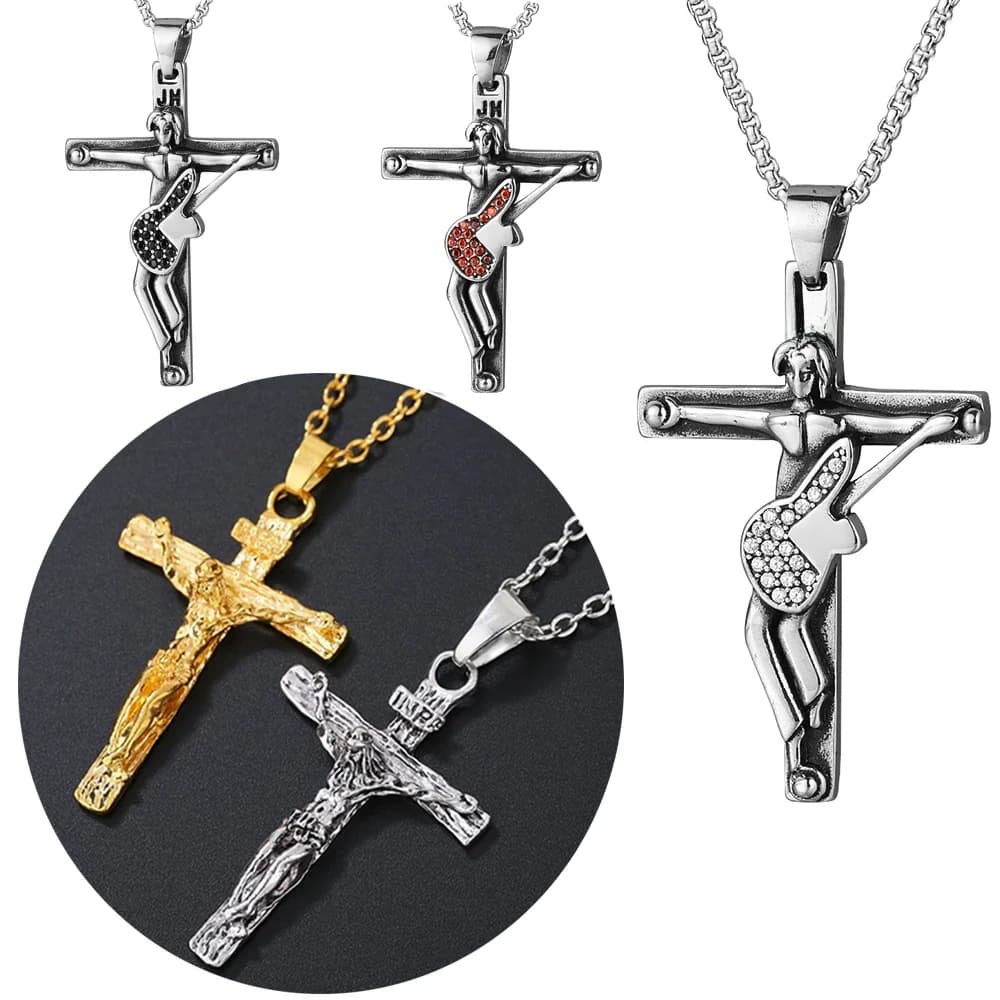 Collier avec pendentif croix de guitare à bascule française Johnny Hallyday, médaillon flottant en acier inoxydable, Crucifix chrétien, bijoux