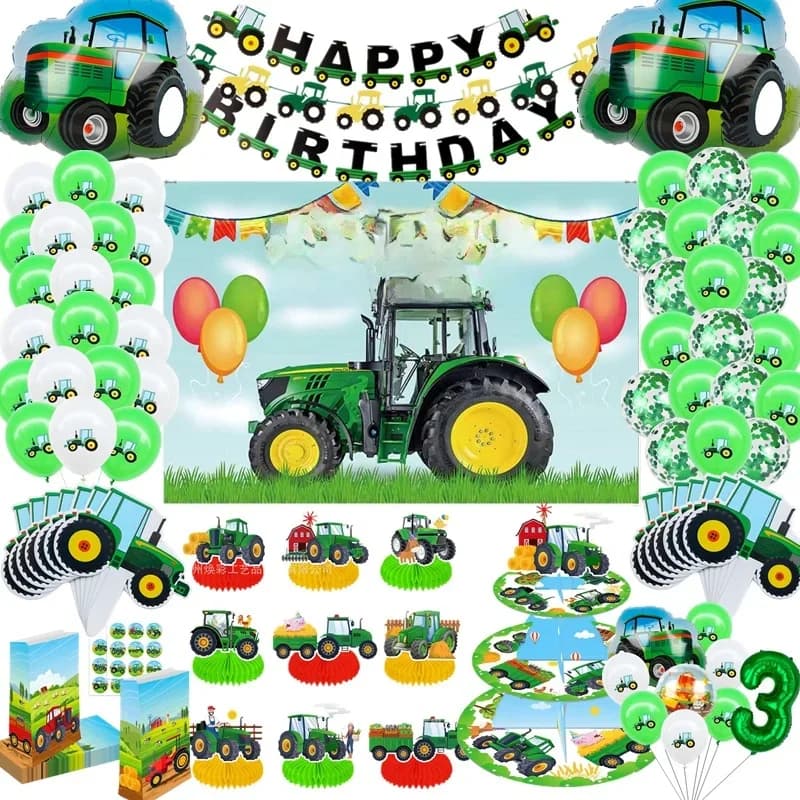 Décoration de fête à thème tracteur agricole vert, pelle, véhicule, assiette d'anniversaire, bannière, ballon, décoration de Cupcake,