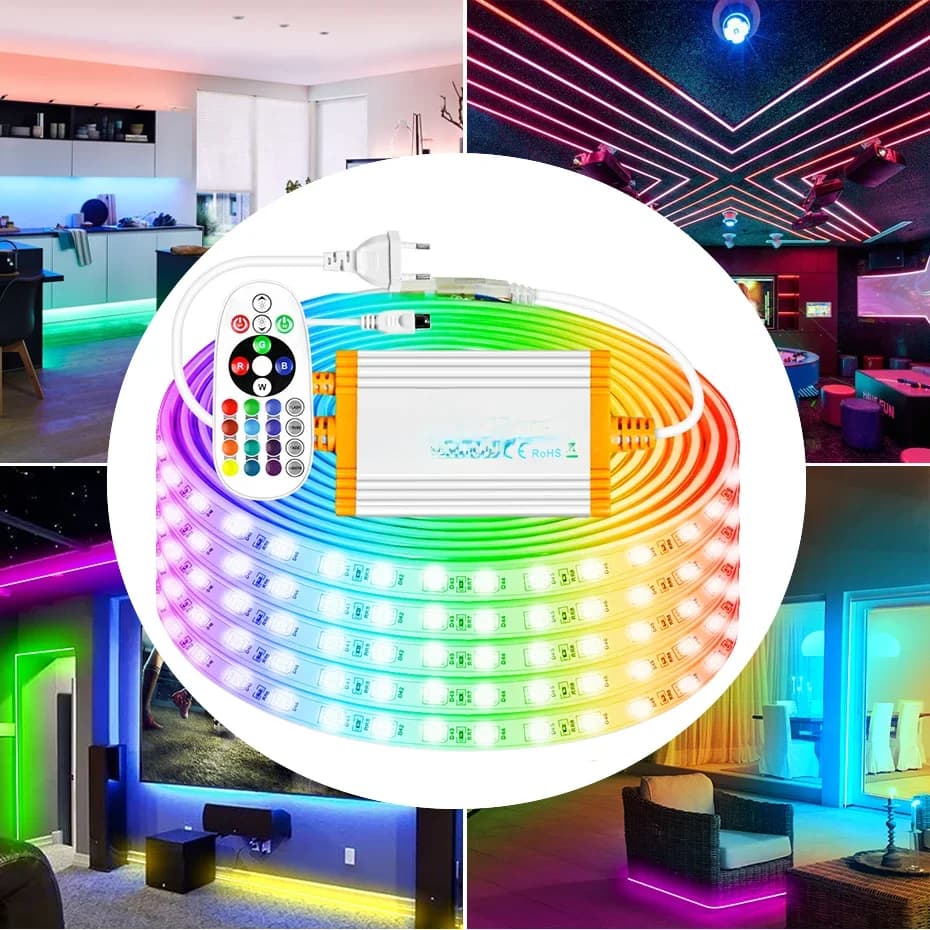 Bande lumineuse Led 220V EU RGB 4 broches 5050, bande Flexible Super brillante, étanche IP67, 1-100M, 60 diodes/M, avec télécommande IR 1500W