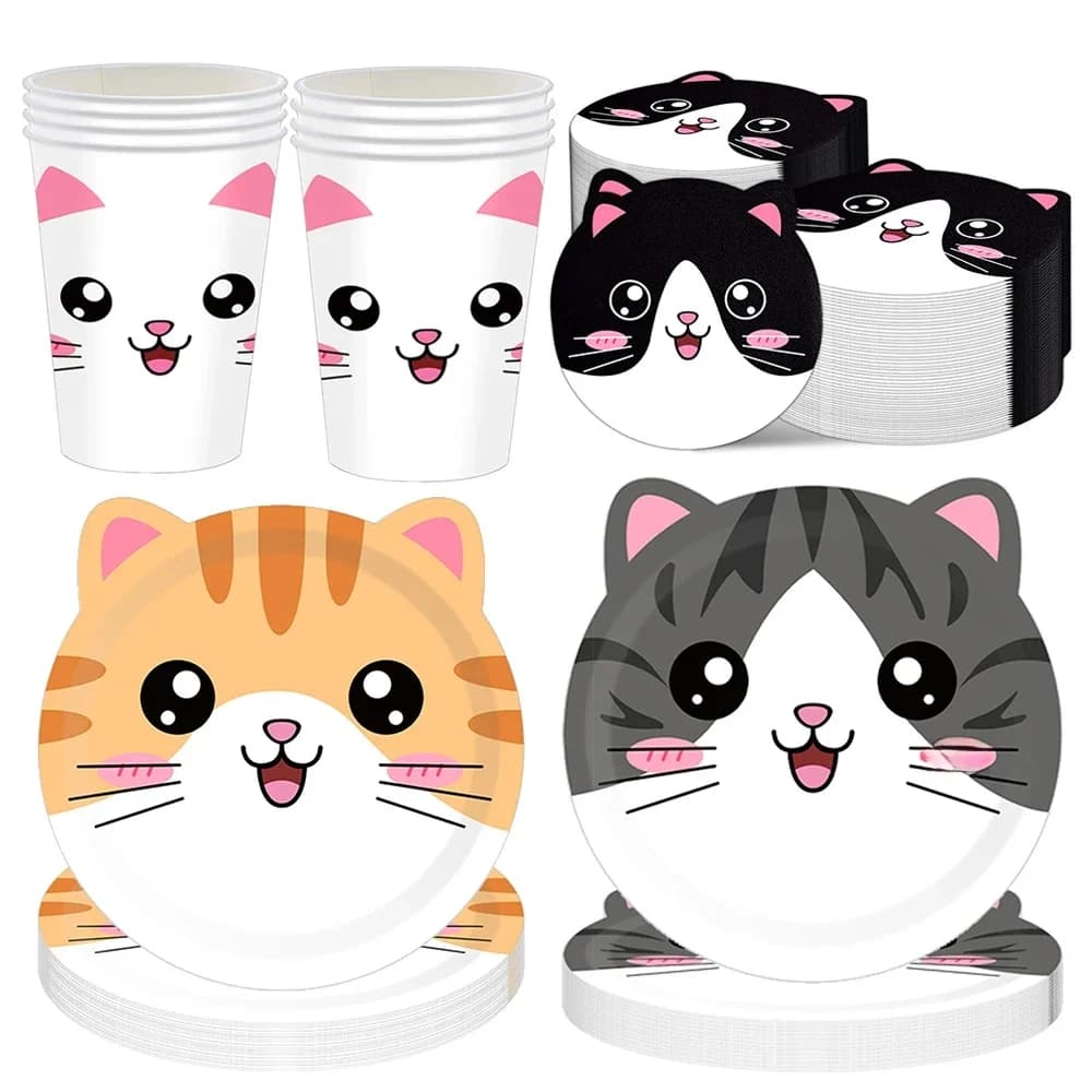 Vaisselle animaux mignons, assiettes à dîner en forme de chat, assiettes jetables, serviettes, tasses, thème animaux, cadeaux d'anniversaire,