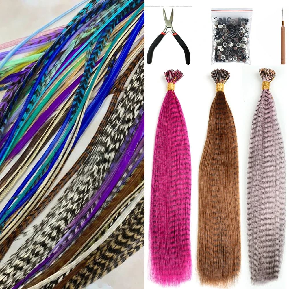 AZQUEEN plume Extension de cheveux 10 pièces faux cheveux je pointe arc-en-ciel cheveux synthétiques 16 pouces postiche plume pour Extension de