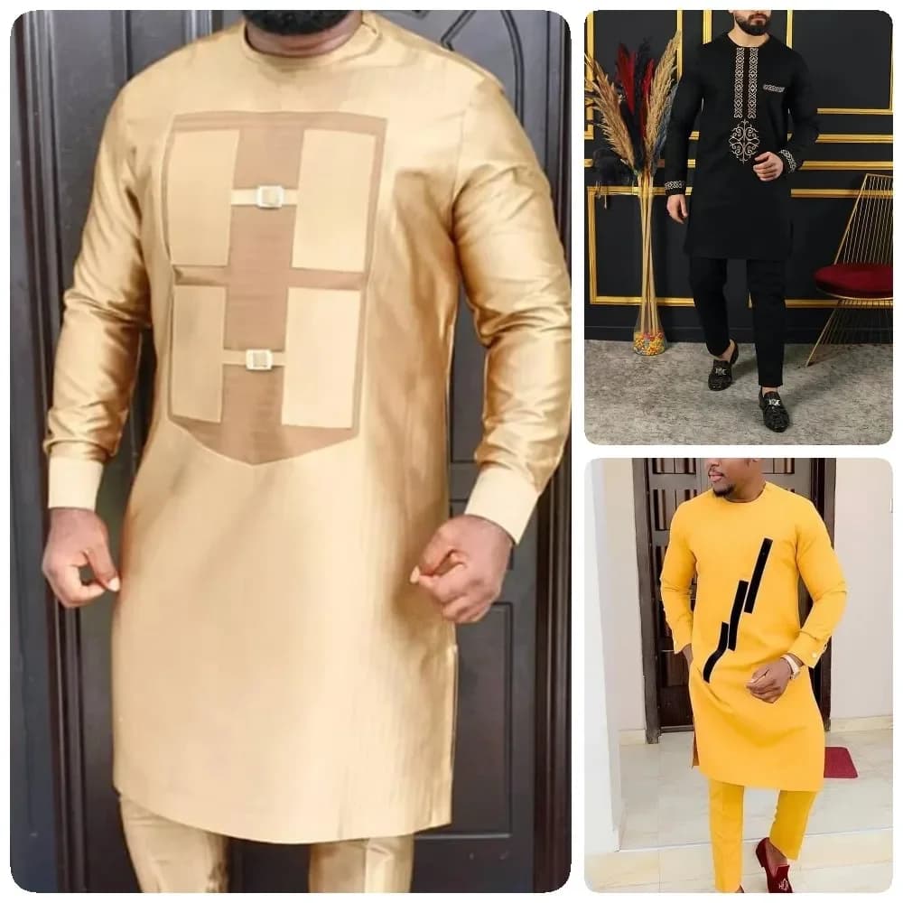 2025 hommes élégant à manches longues costume chemise pantalon 2 pièces col rond couture couleur unie fête à manches longues Style ethnique