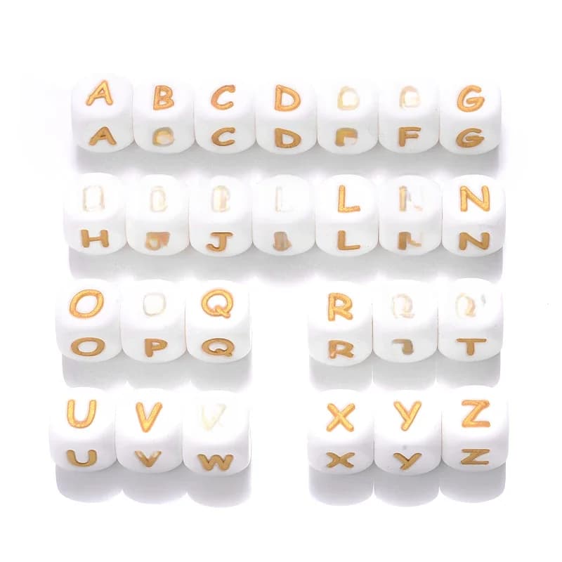 Perles de dentition en silicone blanc et or, 50 pièces, 12mm, lettres de l'alphabet anglais, pour nom de bébé, cadeaux de douche d'allaitement à