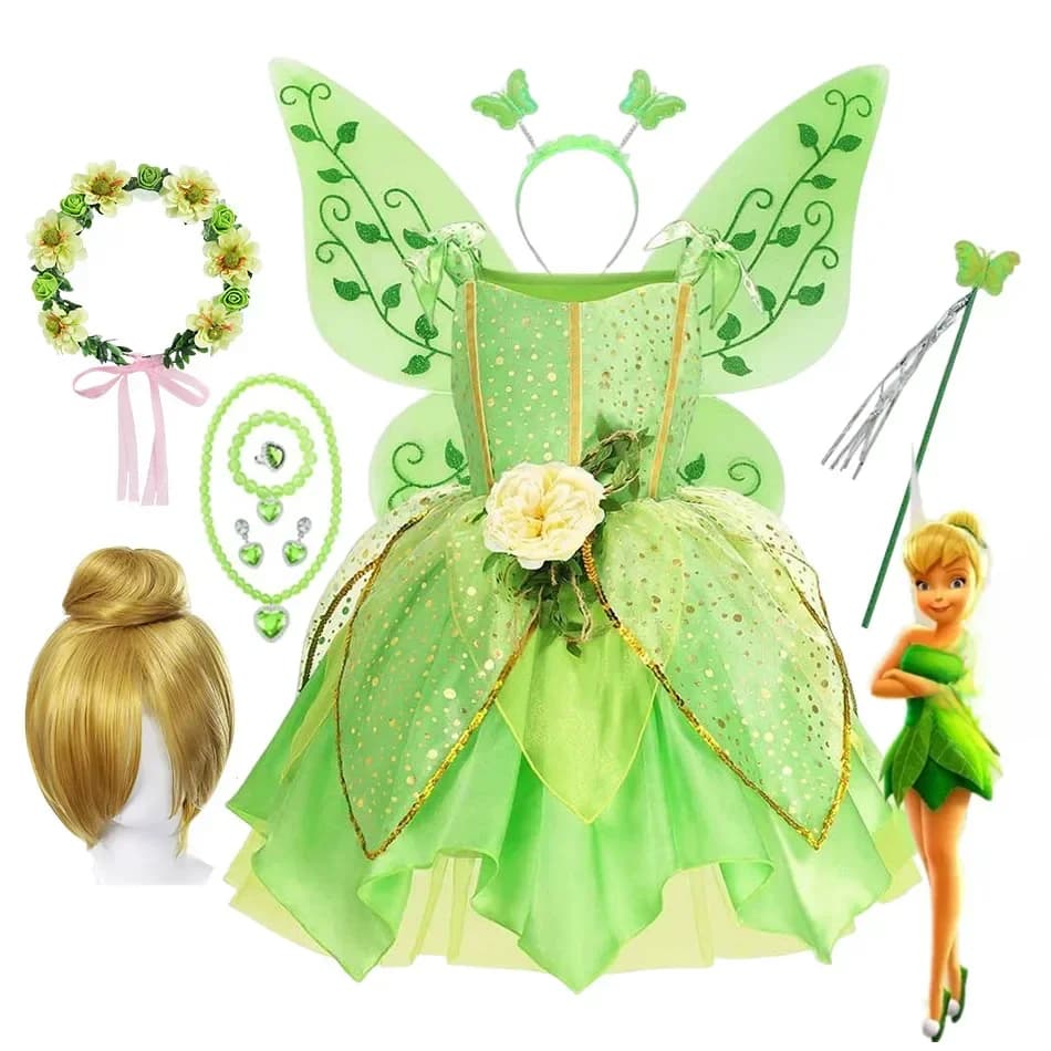 Costume de fée clochette pour filles, Costume d'halloween pour enfants, robe fantaisie de fée clochette verte, princesse féerique, Cosplay, fête