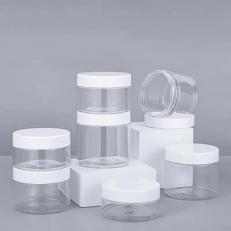 Pot en plastique PET transparent avec couvercle blanc, vide, de 150 à 1000 ml, pour emballage et stockage à visser