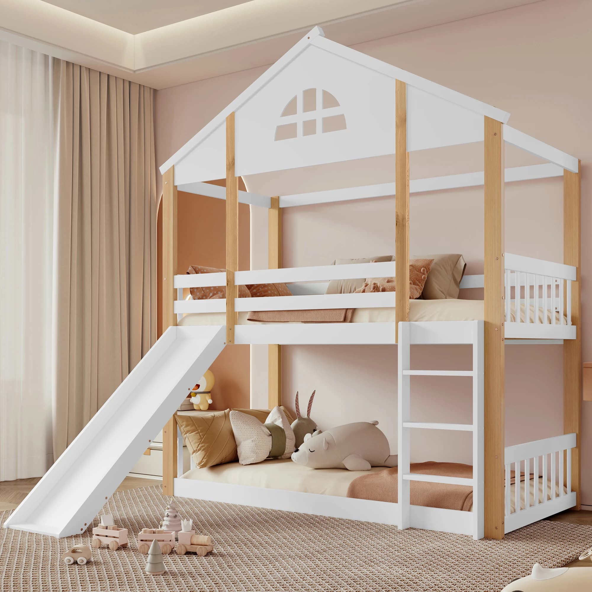 Lit superposé 90x200 cm avec fenêtres distinctives et échelle inclinée à trois marches, lit enfant avec toboggan, lit cabane avec barrières et