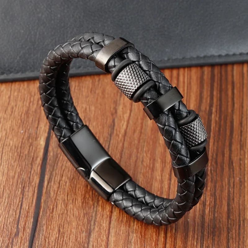 Bracelet en corde tressée à breloques pour hommes, boucle magnétique en acier inoxydable, Bracelets en cuir véritable, bijoux masculins et