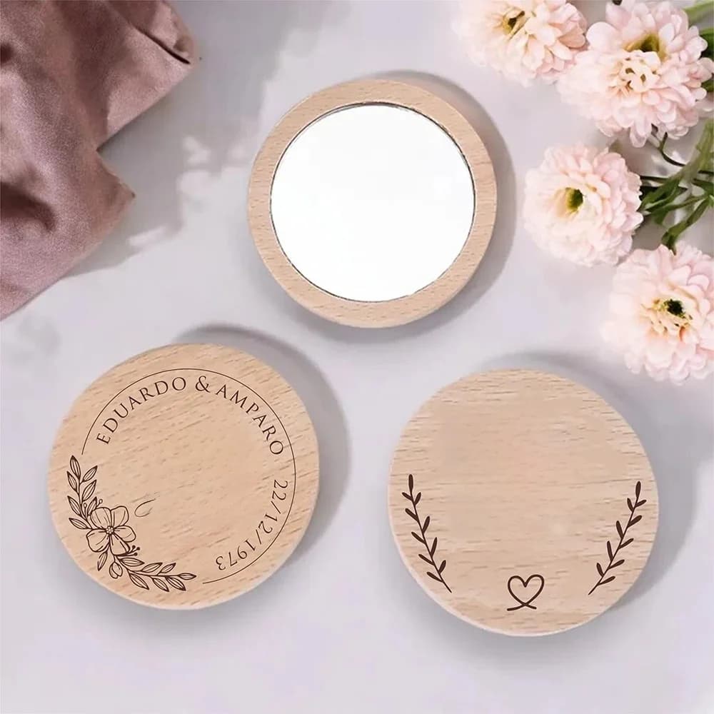 Miroir en bois personnalisé de 7CM, pour fête de mariage, pour invités, miroir de poche rond et Compact Portable