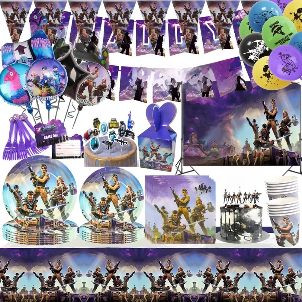Garçons faveur jeu anniversaire toile de fond décoration enfants Fortnitions bébé douche ballons papier vaisselle dessin animé alpaga fête