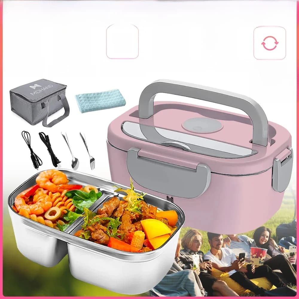 Boîte à lunch électrique portable avec doublure en acier inoxydable 304, chauffe-plats pour voiture ou maison, chauffe-plats avec gril, 1,5 L, 65W