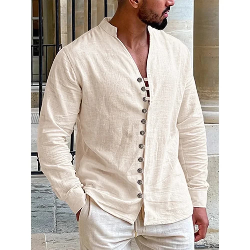Chemises multi-boutons pour hommes, chemise de plage hawaïenne en coton et lin, manches longues, col montant, légère et respirante