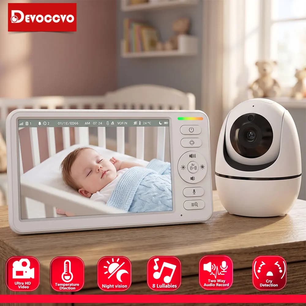 Moniteur bébé WiFi avec écran 5 pouces, contrôle via application mobile, caméra vidéo HD panoramique/inclinaison/zoom, détection des pleurs,