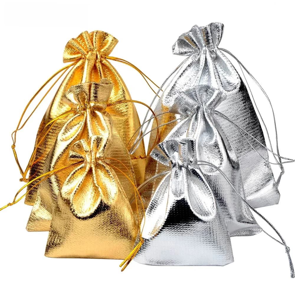 Sac en tissu d'emballage de bijoux réglable, 50 pièces/lot, 7x9 9x12 10x15cm, couleurs or, pochettes de rangement à cordon de serrage pour mariage