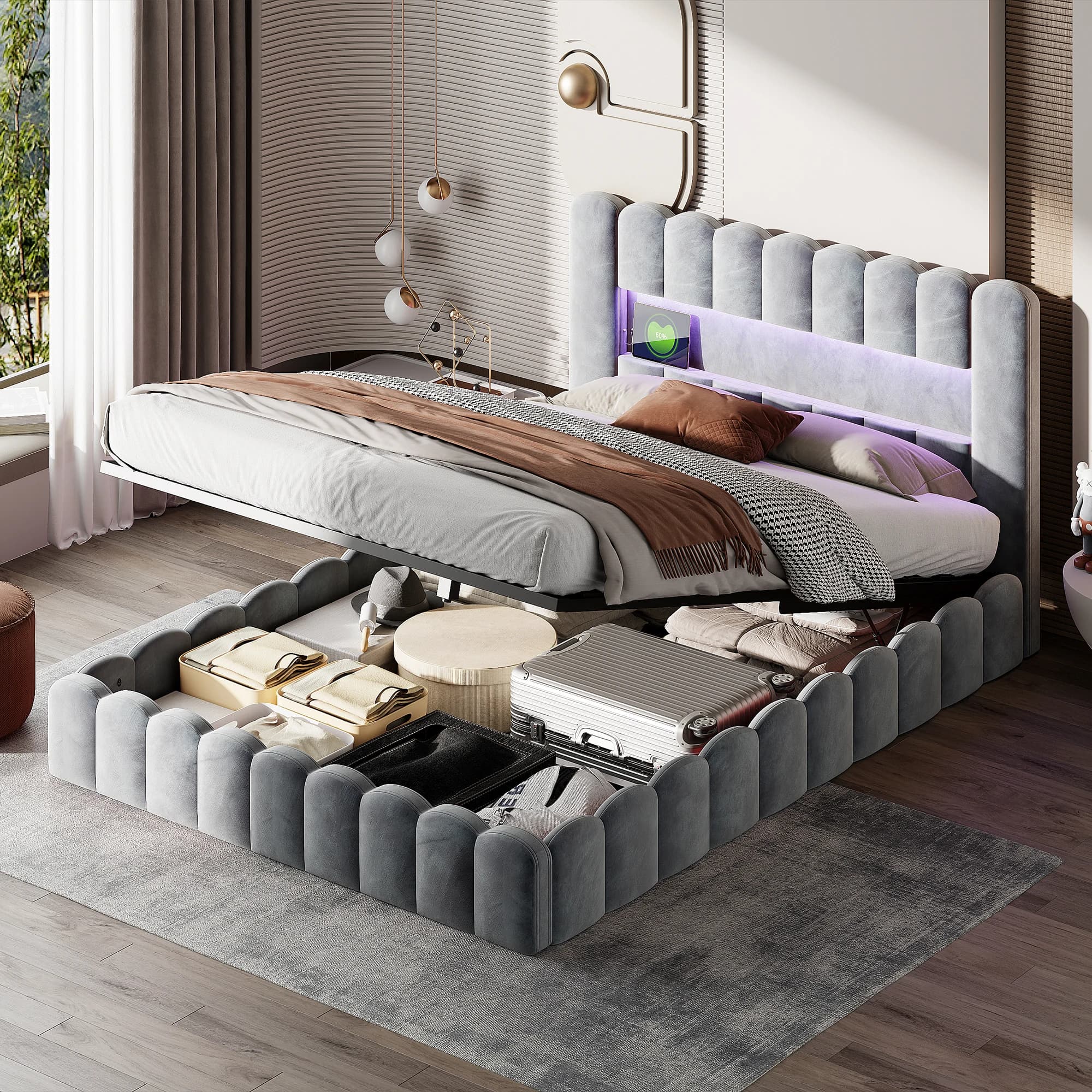 Lit capitonné, Matelas intégré, lit double avec dossier souple, tête de lit avec port LED et USB, sans matelas
