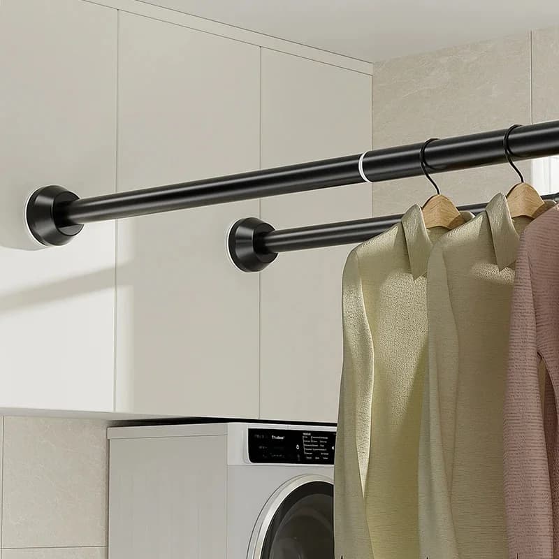 Support de séchage de vêtements réglable en acier inoxydable, noir, 65-255cm, poteau télescopique sans perçage, tringle à rideau pour balcon et