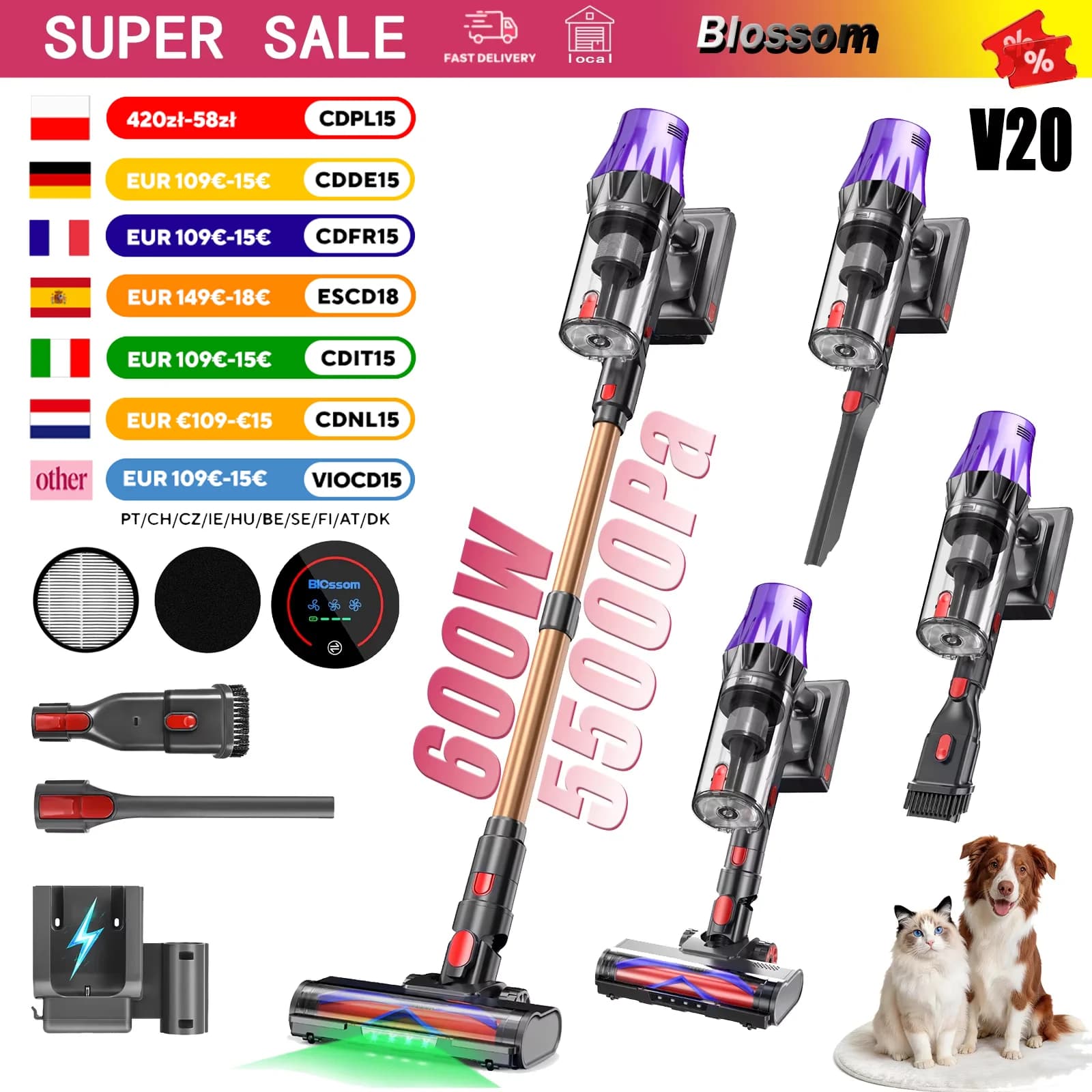 Aspirateur Sans Fil Blossom V20, Moteur Sans Balai 600W, Puissante Aspiration 55KPA, 3 Modes Réglables, Écran Tactile Intégral, Grand Bac à
