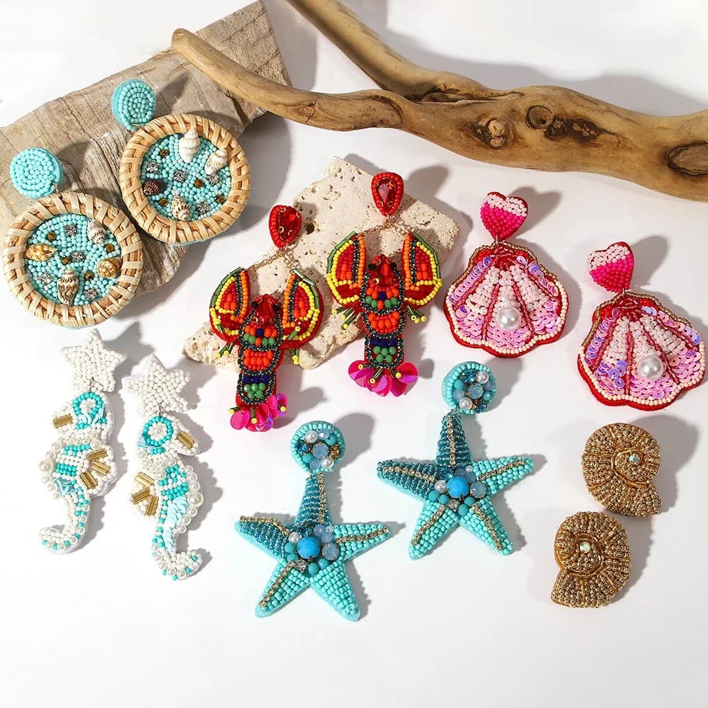 AENSOA bohème étoile de mer homard conque graine perle boucles d'oreilles pour femmes à la main océan Animal boucles d'oreilles été plage bijoux