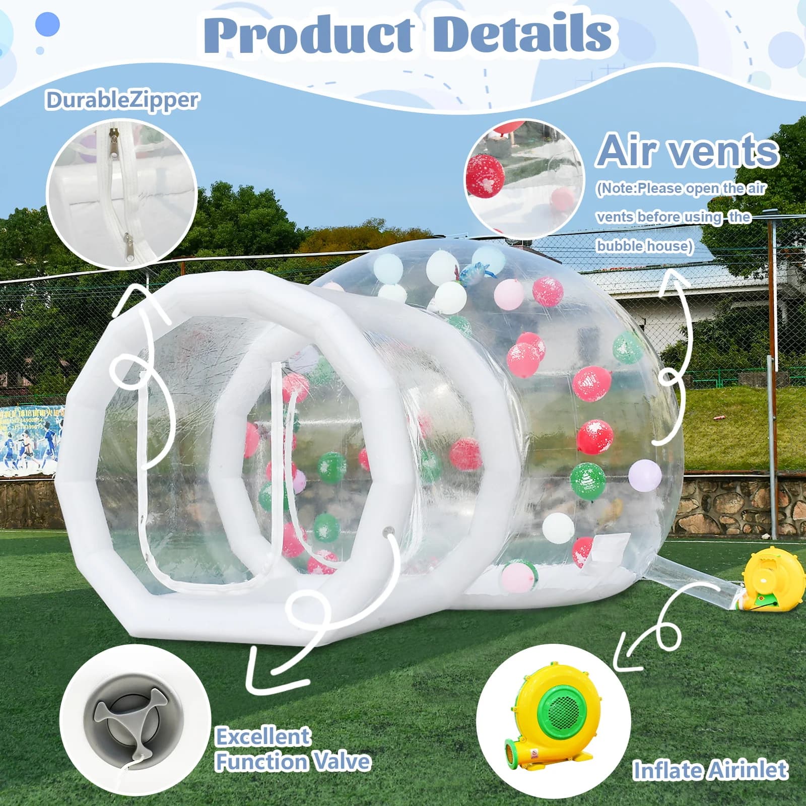 Tente bulle gonflable avec ballons, 3m, transparente, type villa de villégiature, dôme transparent, étanche, chambre d'hôtel bulle touristique