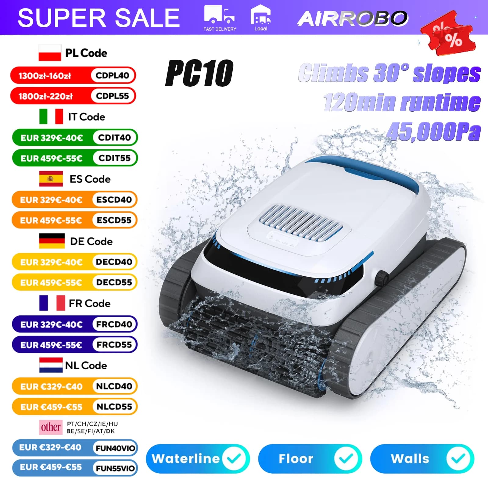 AIRROBO PC10 Nettoyeur de piscine robotisé sans fil, aspiration puissante de 45000 Pa, navigation intelligente, escalade des parois, 3 modes de