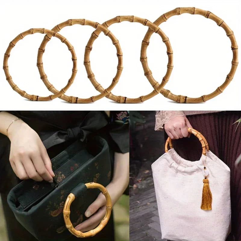 Sac rond plat en bambou, 2 pièces, poignée cadeau, accessoires de bricolage, portefeuille rond en bambou, sac de plage au Crochet, poignée de
