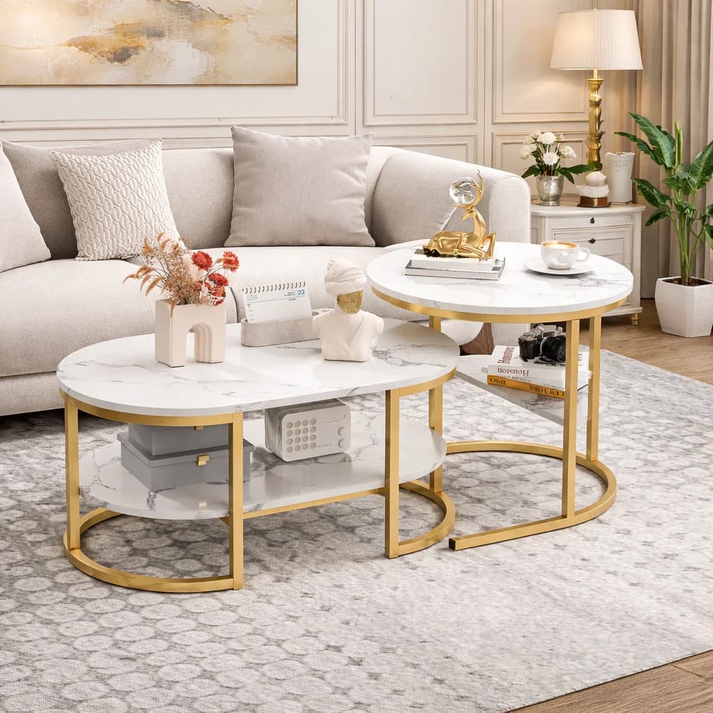 Table basse lot de 2 ronde gigogne, table basse avec rangement, table salon effet marbre, table d’appoint métal, table basse