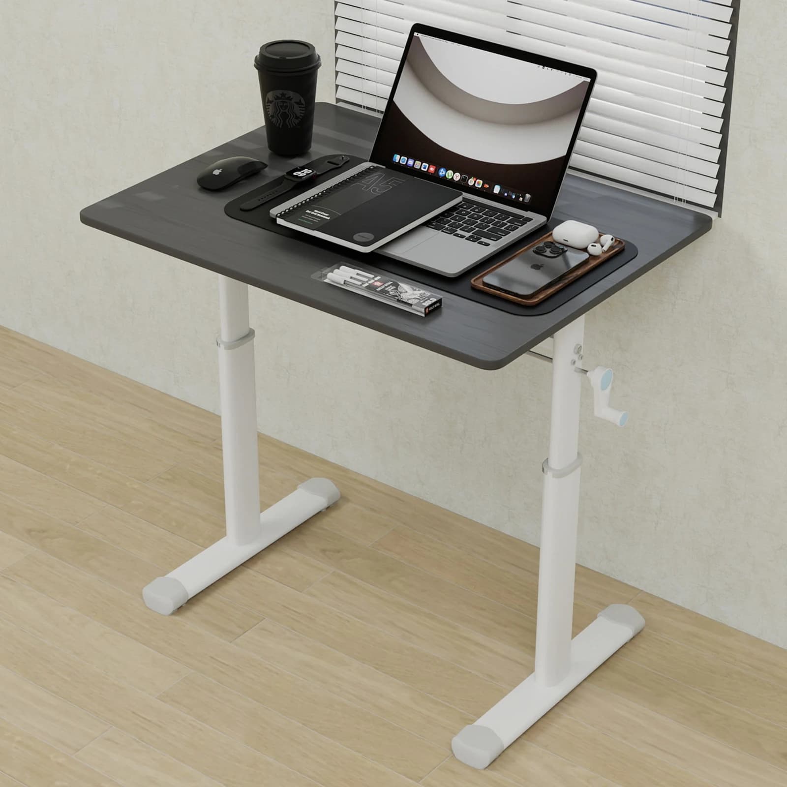Bureau debout réglable en hauteur à manivelle, bureau d'étude assis-debout 80x60x90cm pour enfants et adultes, bureau compact multi-usage pour la