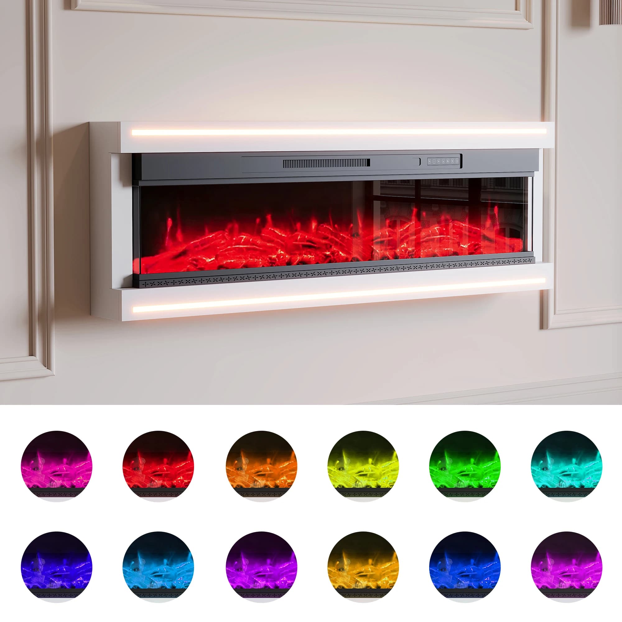 Anajqaqia Cheminée électrique murale haute brillance de 50/60 pouces, flammes LED réalistes de 12 couleurs, réglage de la luminosité à 5