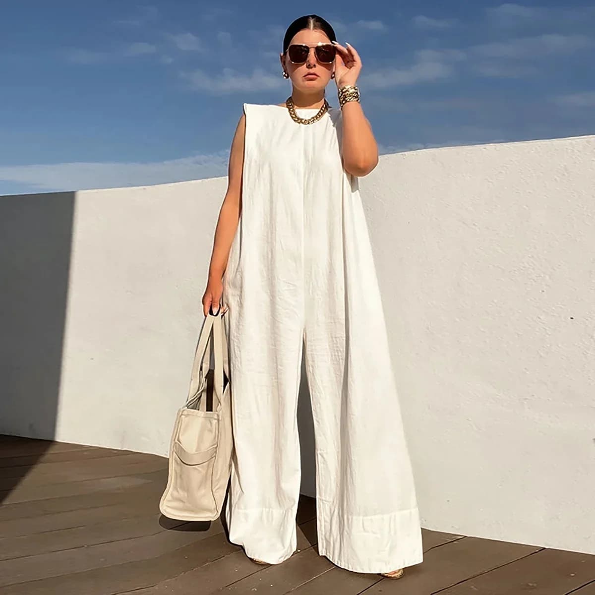 Yeezzi couleur unie sans manches jambe large salopette été mode femme ample noir blanc décontracté Cool combinaisons pour les femmes 2025 nouveau