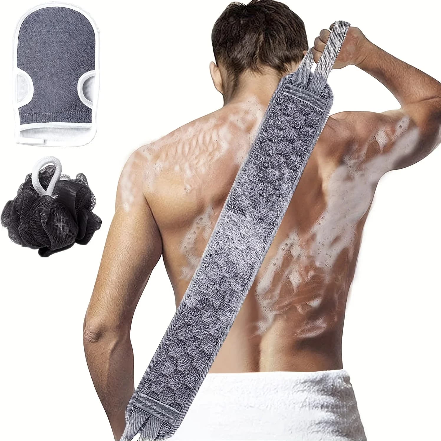 Ensemble d'épurateur corporel exfoliant – comprend un épurateur de dos, un gant de bain et une éponge de bain de douche, une luffa – une