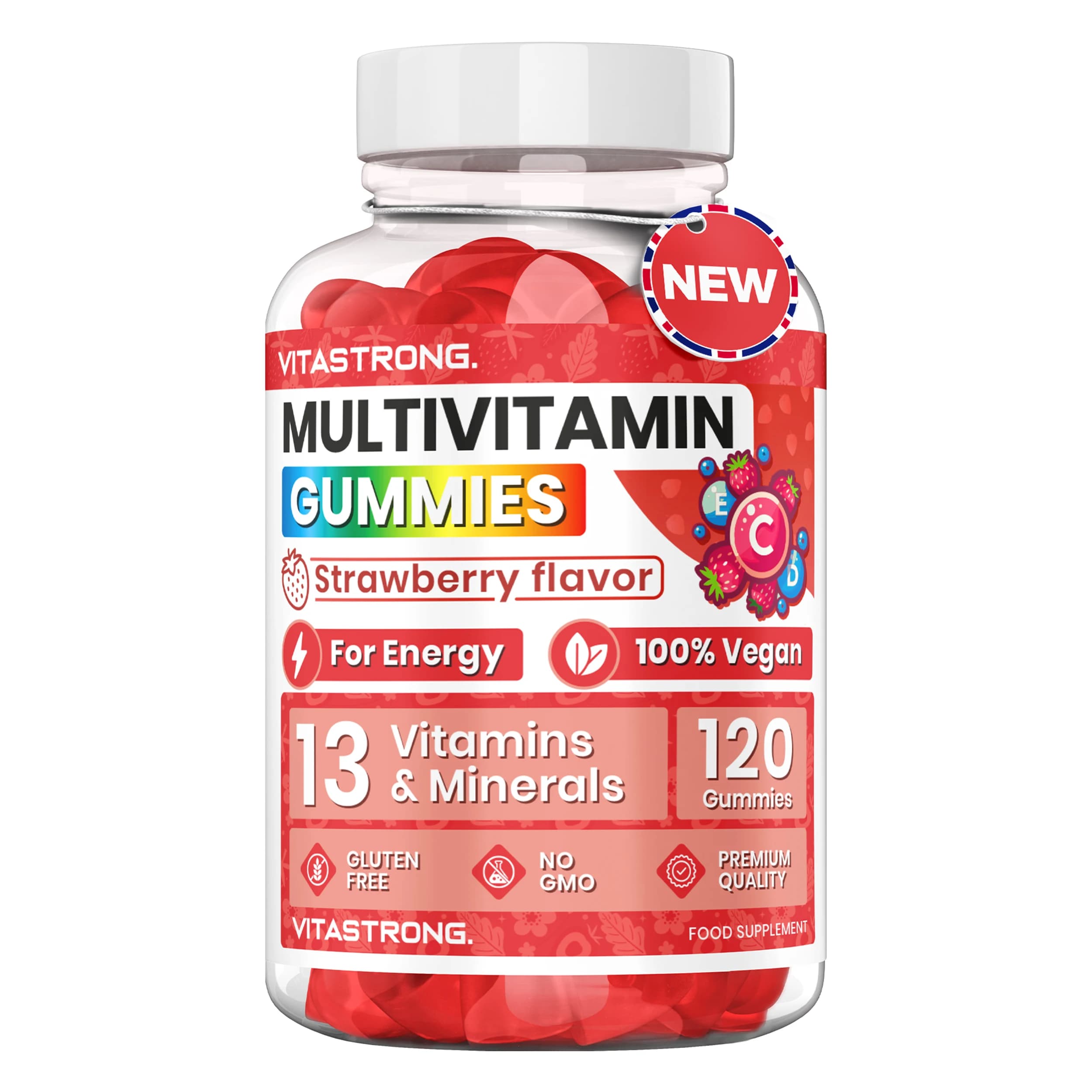 Multivitamines Complètes 120 Vitastrong Gommose, 13 Vitamines et Minéraux, Sans Saccharose, Complément Alimentaire Vegan pour Adultes,