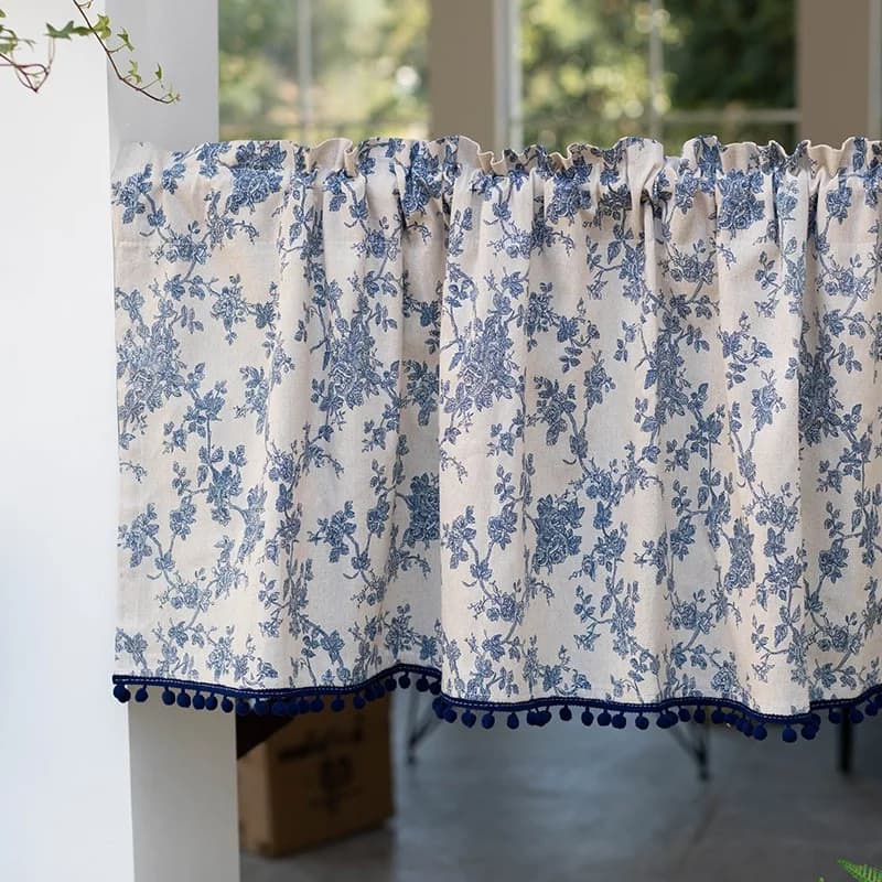 Petit rideau de poche avec boule de cheveux, vintage, bleu, imprimé floral, court, porte, cuisine, demi-rideau pour armoire, le plus récent