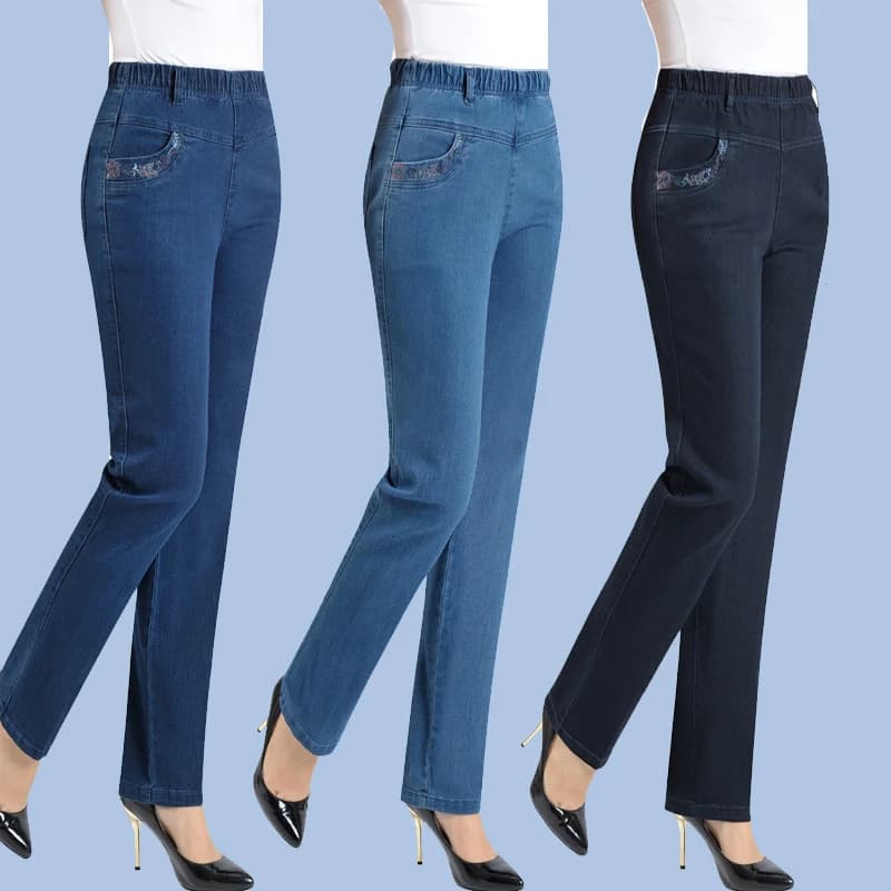 Jean pour mère d'âge moyen, ample, taille haute, noir, extensible, jambe droite, poches brodées, pantalon en Denim décontracté, automne 2025