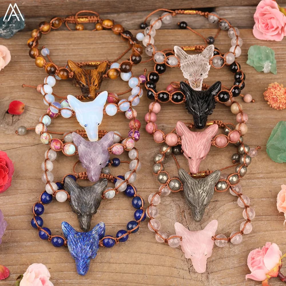 Bracelets Tressés Ajustables en Pierre Naturelle pour Femme, Perles Tissées en Quartz, Tête de Loup