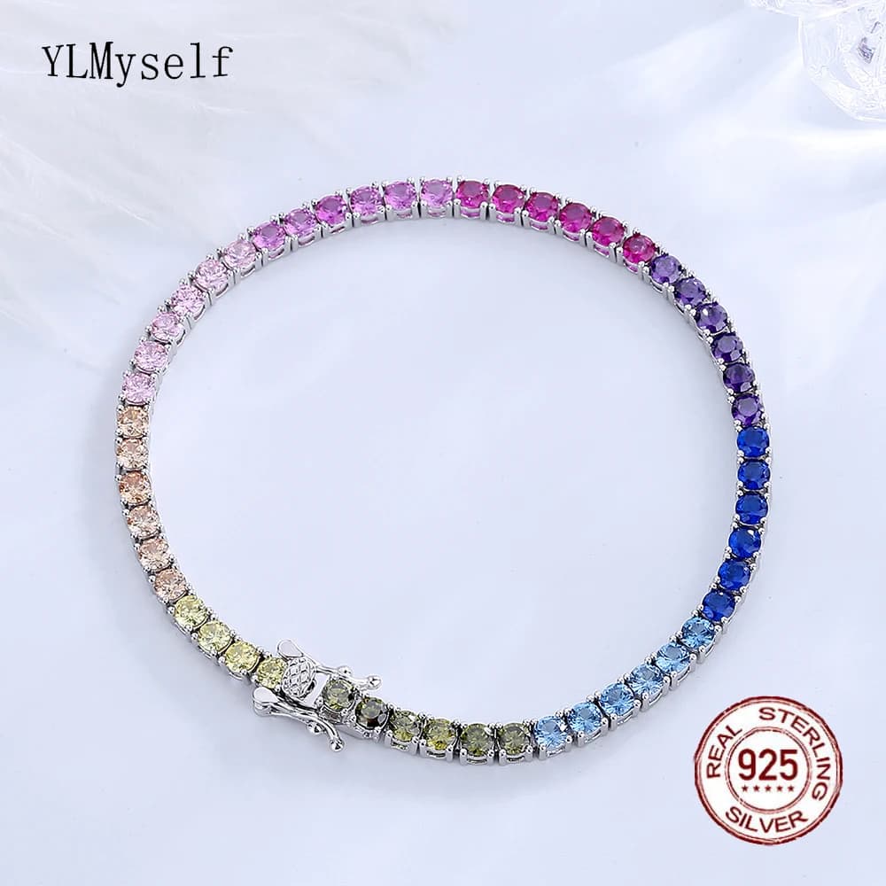 Bracelet de Tennis en argent 925 massif, 3 mm, Zircon arc-en-ciel, 15/16/17/18/19/20/21 cm, jolie chaîne de bijoux fins colorés pour femmes
