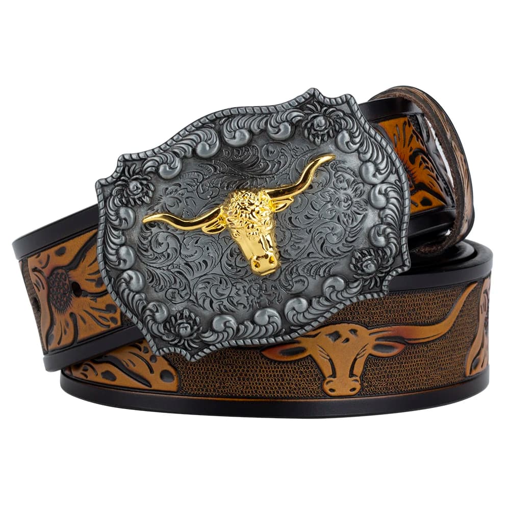 Ceinture de gaufrage en cuir véritable pour hommes, boucle tête de bœuf, luxe, motif Animal à la mode