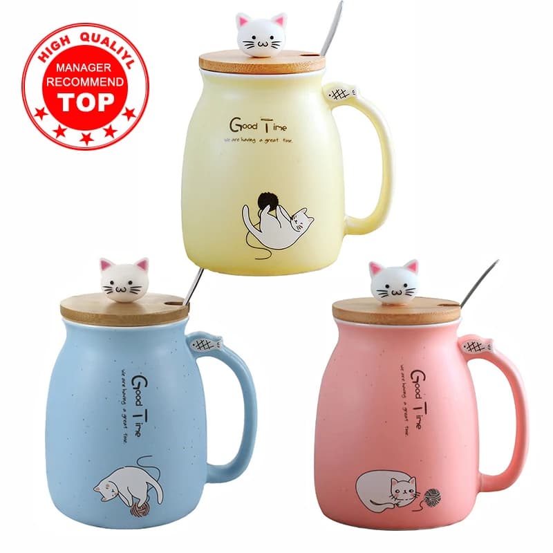Tasse résistante à la chaleur pour chat, couleur créative, dessin animé avec couvercle, tasse de 450ml, chaton, café, tasses en céramique, tasse