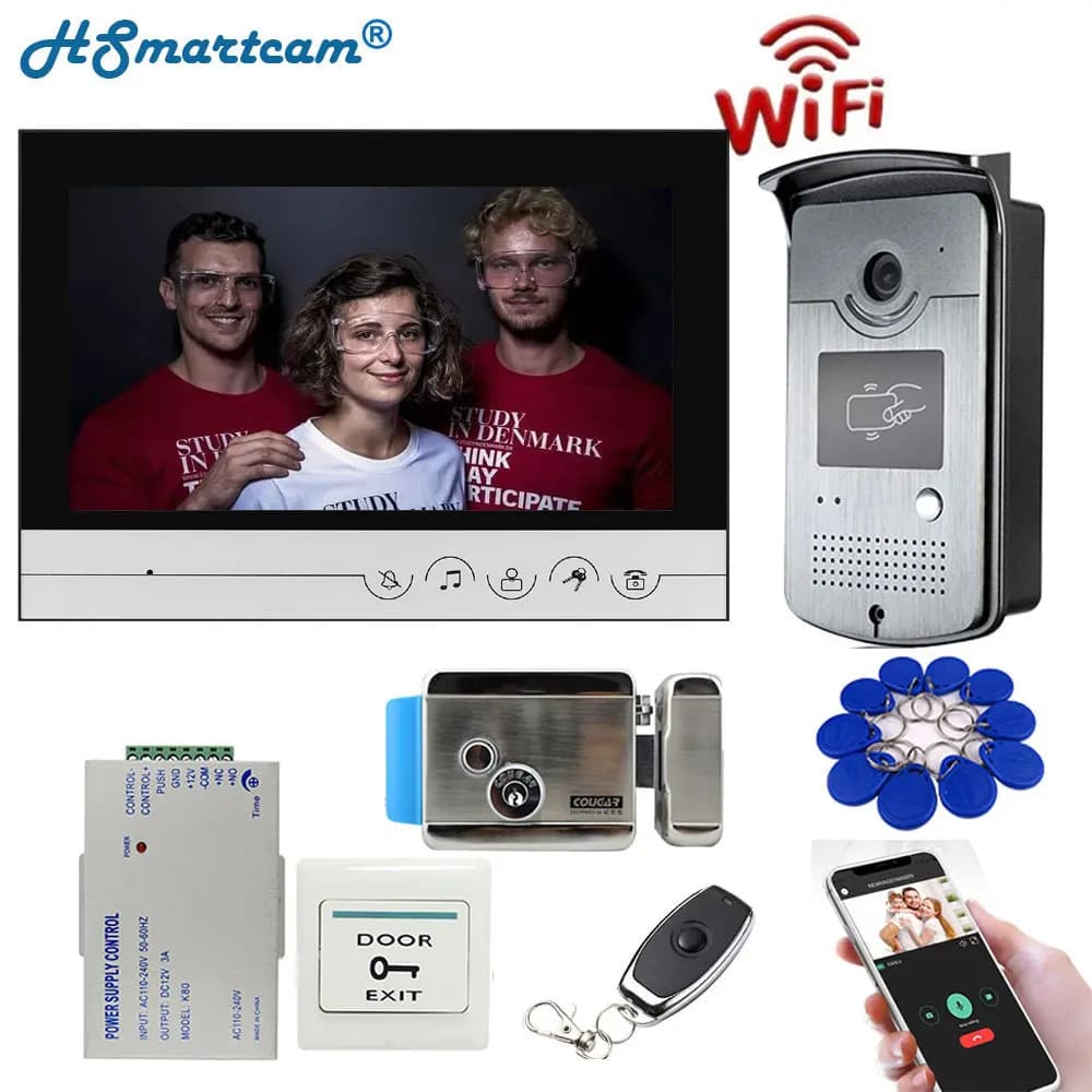 Système d'interphone vidéo Wi-Fi, 9 pouces, 1 moniteur, 1 caméra extérieure RFID, verrouillage électrique, déverrouillage par téléphone
